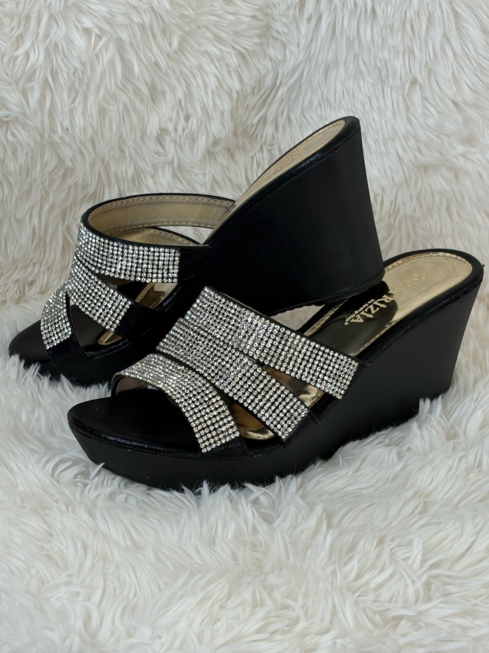 Patrizia by Spring Step Black Wedge Sandals with Silver Rhinestone Straps